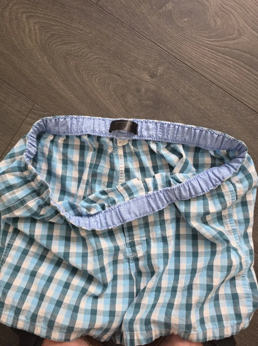 Men's Blue and White Gingham Elastic-Waist Boxers